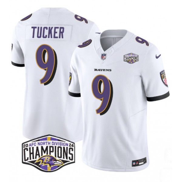 Baltimore Ravens #9 Justin Tucker White F.U.S.E. 2024 AFC North Division Champions Vapor Limited Jersey