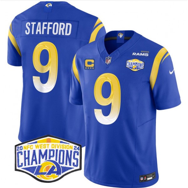 Los Angeles Rams #9 Matthew Stafford Blue 2024 NFC West Champions With 4-Star C Patch F.U.S.E. Vapor Untouchable Stitched Jersey