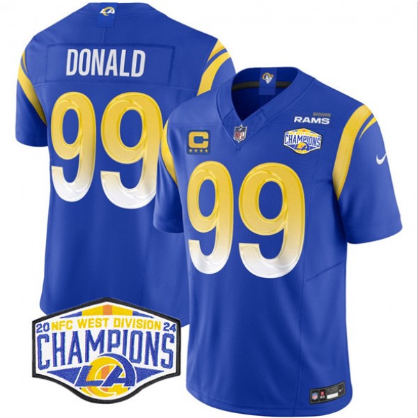 Los Angeles Rams #99 Aaron Donald Blue 2024 NFC West Champions With 4-Star C Patch F.U.S.E. Vapor Untouchable Stitched Jersey