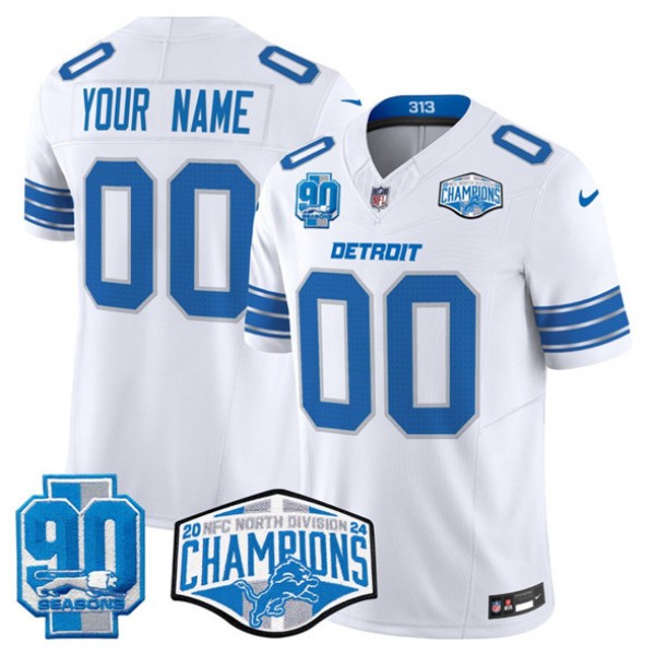 Detroit Lions Custom White 2024 NFC North Champions 90th Anniversary Patch F.U.S.E. Vapor Limited Stitched Jersey