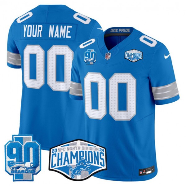 Detroit Lions Custom Blue 2024 NFC North Champions 90th Anniversary Patch F.U.S.E. Vapor Limited Stitched Jersey