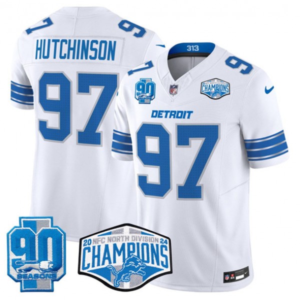Detroit Lions #97 Aidan Hutchinson White 2024 NFC North Champions 90th Anniversary Patch F.U.S.E. Vapor Limited Stitched Jersey
