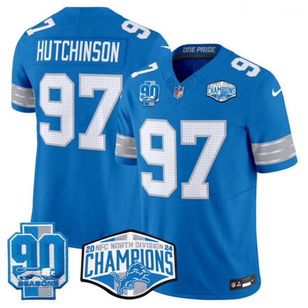 Detroit Lions #97 Aidan Hutchinson Blue 2024 NFC North Champions 90th Anniversary Patch F.U.S.E. Vapor Limited Stitched Jersey