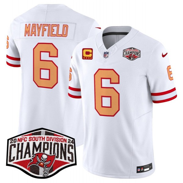 Tampa Bay Buccaneers #6 Baker Mayfield White 2024 F.U.S.E. NFC South Division Champions With 4-Star C Patch Limited Stitched Jersey