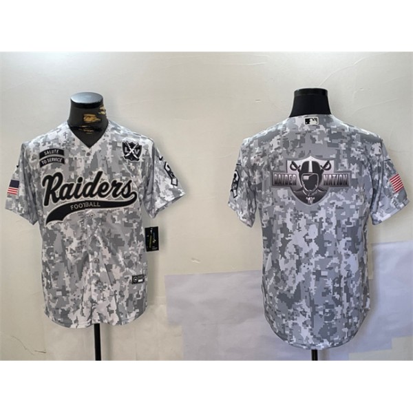 Las Vegas Raiders Team Big Logo 2024 Arctic Camo Salute To Service With 65th Anniversary Patch Stitched Jersey