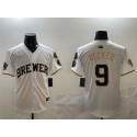 Milwaukee Brewers #9 Bob Uecker White Gold With Home Patch Limited Stitched Jersey