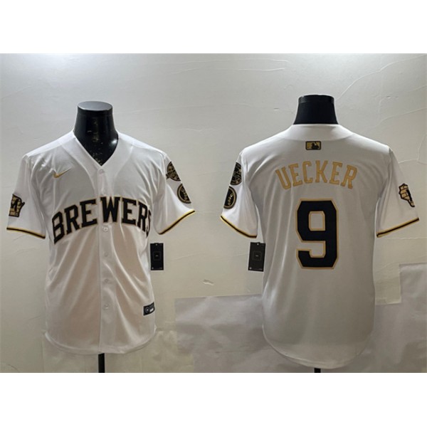 Milwaukee Brewers #9 Bob Uecker White Gold With Home Patch Limited Stitched Jersey