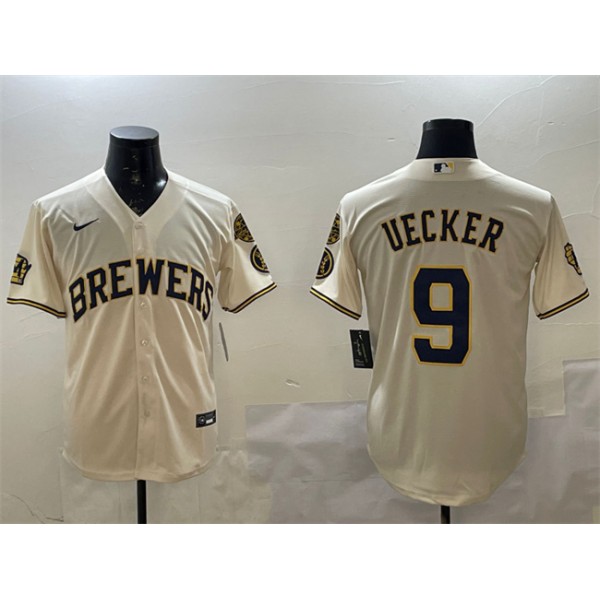 Milwaukee Brewers #9 Bob Uecker Cream With Home Patch Stitched Jersey