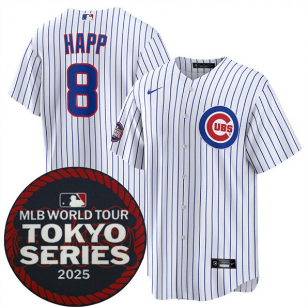 Chicago Cubs #8 Ian Happ White 2025 World Tour: Tokyo Series Home Stitched Jersey