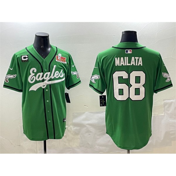 Philadelphia Eagles #68 Jordan Mailata Green 2025 Super Bowl LIX And 3-Star C Patch Stitched Jersey