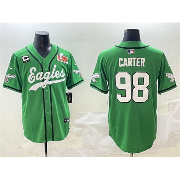 Philadelphia Eagles #98 Jalen Carter Green 2025 Super Bowl LIX And 3-Star C Patch Stitched Jersey