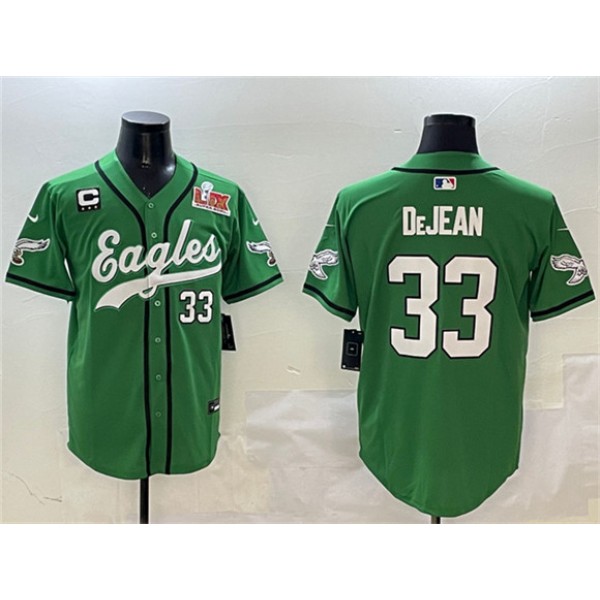 Philadelphia Eagles #33 Cooper DeJean Green 2025 Super Bowl LIX And 3-Star C Patch Stitched Jersey
