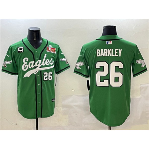 Philadelphia Eagles #26 Saquon Barkley Green 2025 Super Bowl LIX And 3-Star C Patch Stitched Jersey