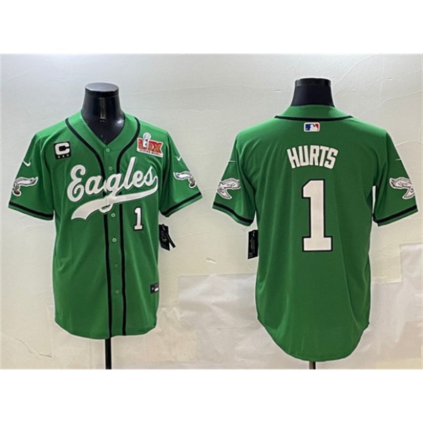 Philadelphia Eagles #1 Jalen Hurts Green 2025 Super Bowl LIX And 3-Star C Patch Stitched Jersey