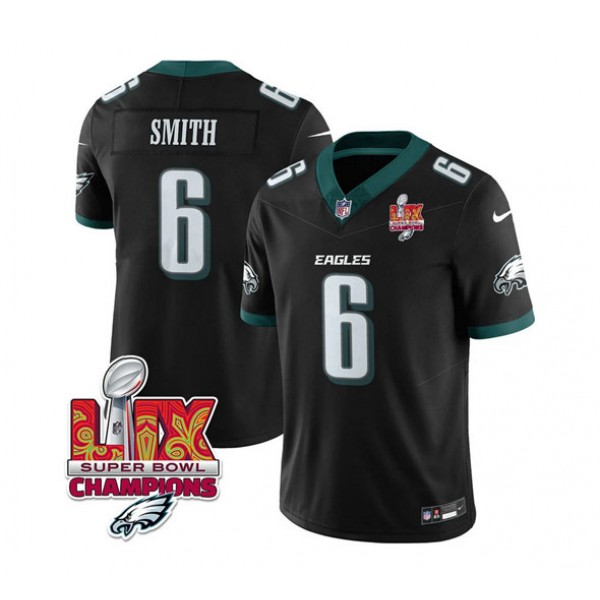Philadelphia Eagles #6 DeVonta Smith Black 2025 Eagles Logo Super Bowl LIX Patch New F.U.S.E. Vapor Limited Stitched Jersey