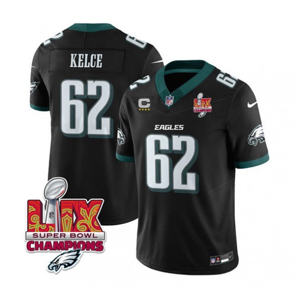 Philadelphia Eagles #62 Jason Kelce Black 2025 Eagles Logo Super Bowl LIX Patch And 4-Star C Patch New F.U.S.E. Vapor Limited Stitched Jersey