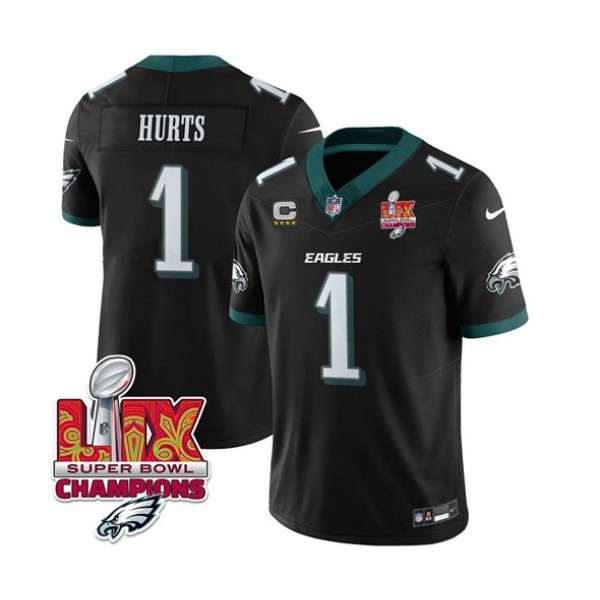 Philadelphia Eagles #1 Jalen Hurts Black 2025 Eagles Logo Super Bowl LIX Patch New F.U.S.E. Vapor Untouchable Limited Stitched Jersey