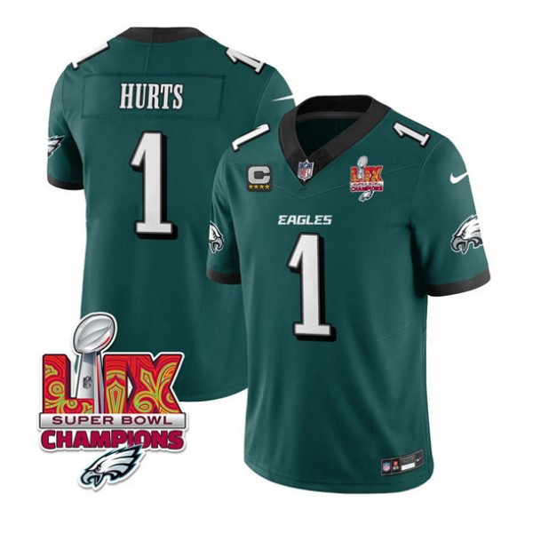 Philadelphia Eagles #1 Jalen Hurts Green 2025 Eagles Logo Super Bowl LIX Patch With 4-Star C Patch New F.U.S.E. Vapor Untouchable Limited Stitched Jersey