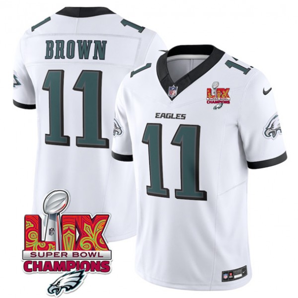 Philadelphia Eagles #11 A.J. Brown White 2025 Eagles Logo Super Bowl LIX Patch New F.U.S.E. Vapor Untouchable Limited Stitched Jersey