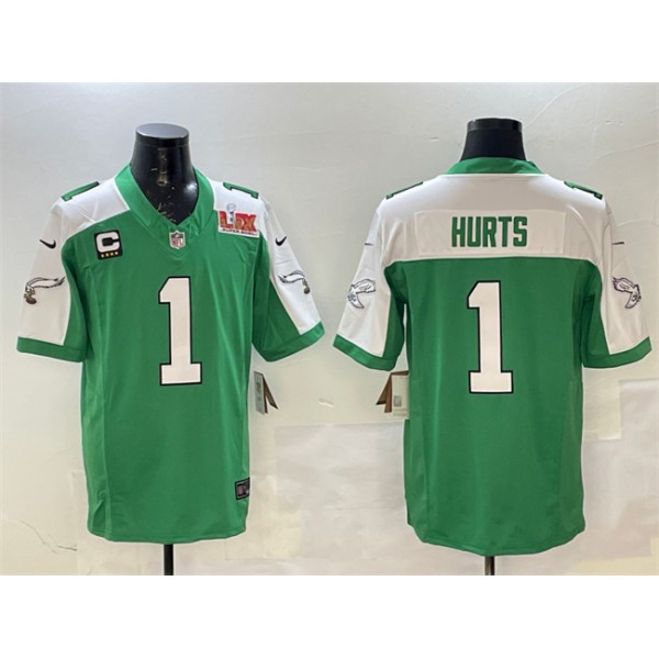 Philadelphia Eagles #1 Jalen Hurts Green White 2025 Super Bowl LIX Patch And 4-Star C Patch F.U.S.E. Vapor Untouchable Limited Stitched Jersey