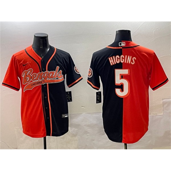 Cincinnati Bengals #5 Tee Higgins Orange Black Split With Patch Cool Base Stitched Jersey