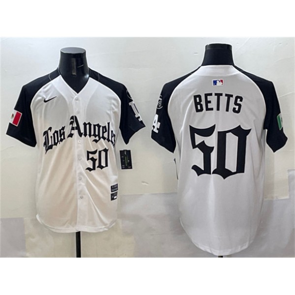 Los Angeles Dodgers #50 Mookie Betts White Black Mexico 2025 LA Gothic Style With Fernando Patch Vapor Premier Limited Stitched Jersey