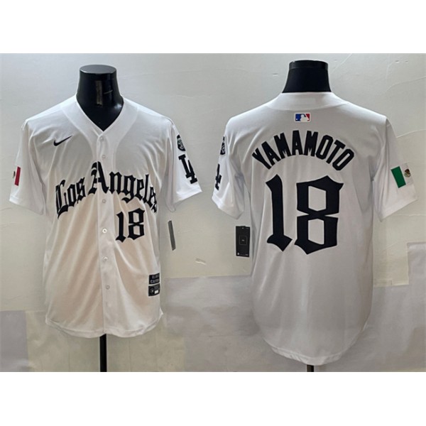 Los Angeles Dodgers #18 Yoshinobu Yamamoto White Mexico 2025 LA Gothic Style With Fernando Patch Vapor Premier Limited Stitched Jersey