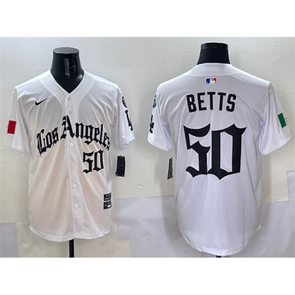Los Angeles Dodgers #50 Mookie Betts White Mexico 2025 LA Gothic Style With Fernando Patch Vapor Premier Limited Stitched Jersey