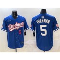 Los Angeles Dodgers #5 Freddie Freeman Royal With American Flag Patch Limited Stitched Jersey