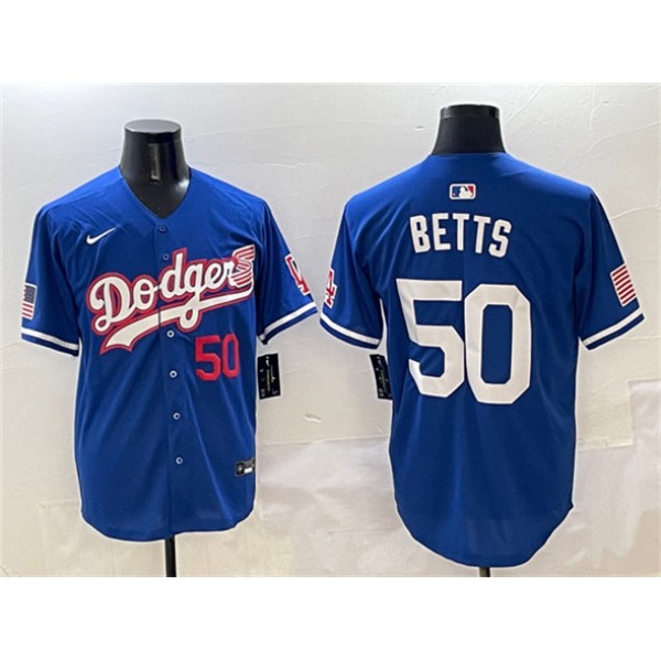 Los Angeles Dodgers #50 Mookie Betts Royal With American Flag Patch Limited Stitched Jersey