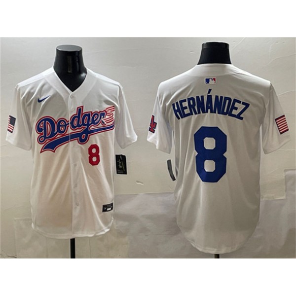 Los Angeles Dodgers #8 Enrique Hernández White With American Flag Patch Limited Stitched Jersey