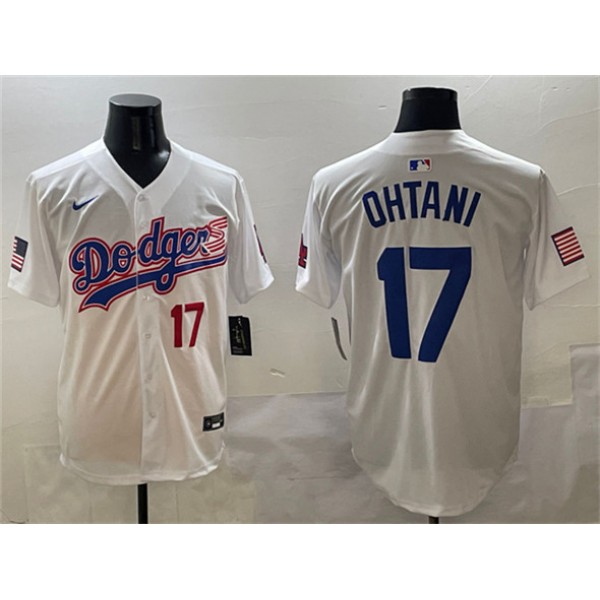 Los Angeles Dodgers #17 Shohei Ohtani White With American Flag Patch Limited Stitched Jersey