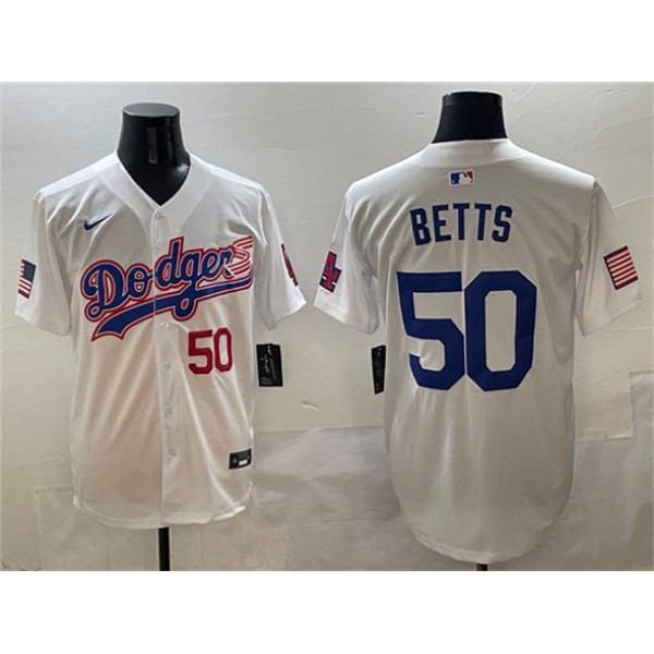 Los Angeles Dodgers #50 Mookie Betts White With American Flag Patch Limited Stitched Jersey