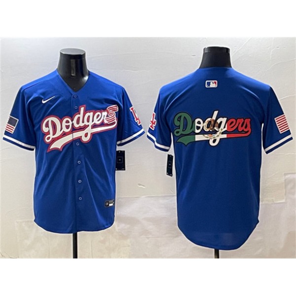 Los Angeles Dodgers Team Big Logo Royal With American Flag Patch Limited Stitched Jersey
