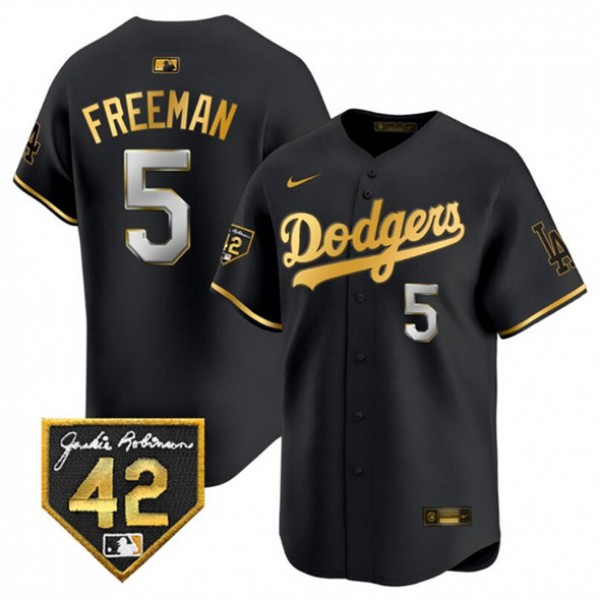 Los Angeles Dodgers #5 Freddie Freeman Black Gold With Jackie Robinson Patch Limited Stitched Jersey