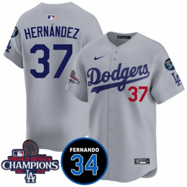 Los Angeles Dodgers #37 Teoscar Hernandez Gray 2024 World Series Champions With Fernando Memorial Patch Vapor Premier Limited Stitched Jersey