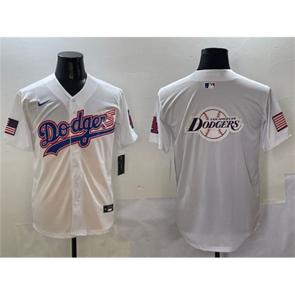 Los Angeles Dodgers Team Big Logo White With American Flag Patch Limited Stitched Jersey