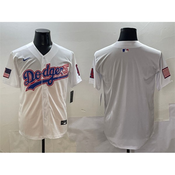 Los Angeles Dodgers Blank White With American Flag Patch Limited Stitched Jersey