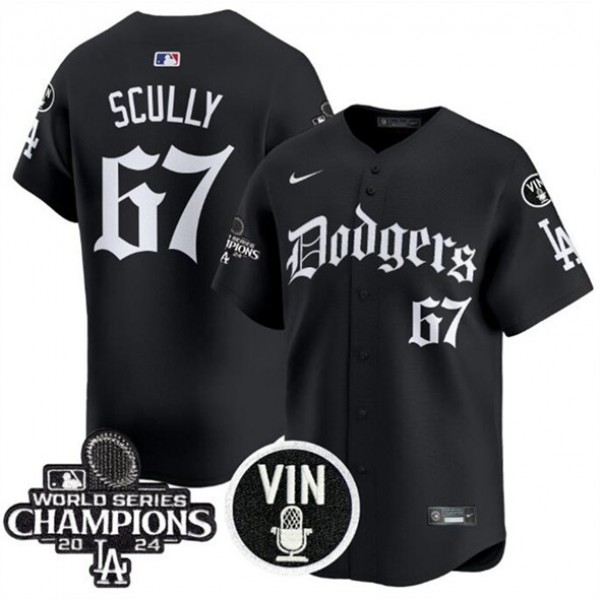 Los Angeles Dodgers #67 Vin Scully Black Mexico 2025 LA Gothic Style With Vin And 2024 World Series Champions Patch Vapor Premier Limited Stitched Jersey