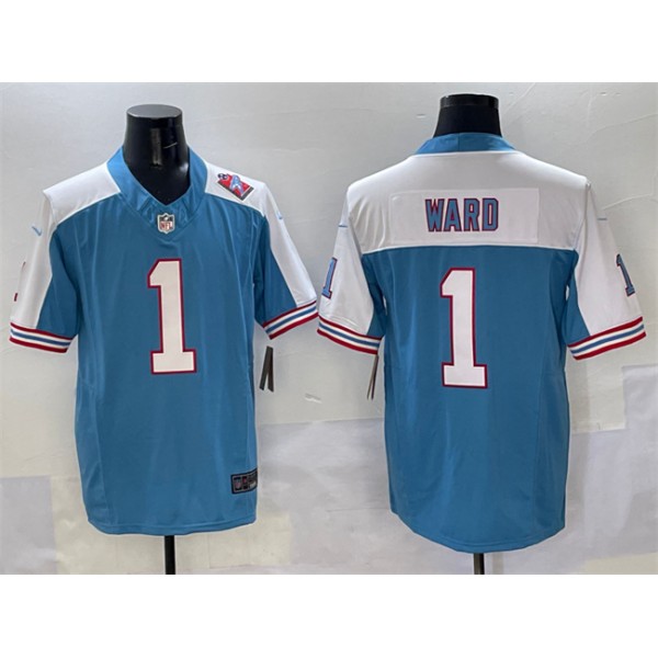 Tennessee Titans #1 Cameron Ward Blue White 2025 Draft F.U.S.E. 1997 Throwback Patch Vapor Limited Stitched Jersey