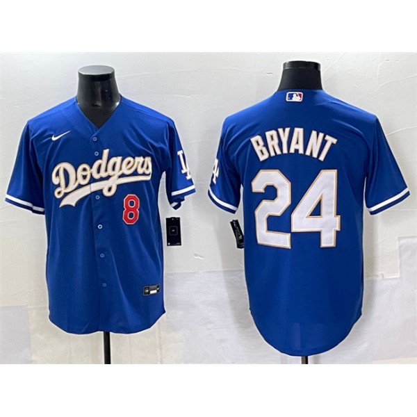 Los Angeles Dodgers Front #8 Back #24 Kobe Bryant Blue Gold Cool Base Stitched Jersey
