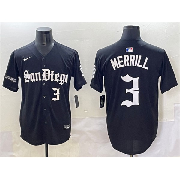San Diego Padres #3 Jackson Merrill Black Gothic Edition Vapor Limited Stitched Jersey