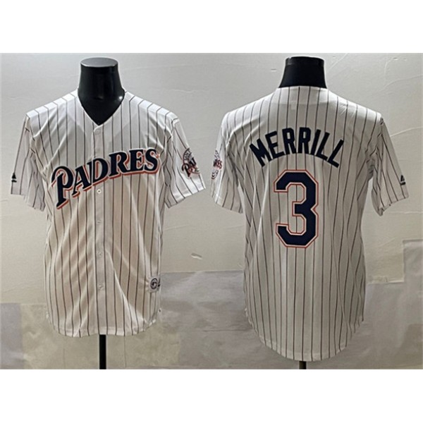 San Diego Padres #3 Jackson Merrill White Throwback With Patch Cool Base Stitched Jersey