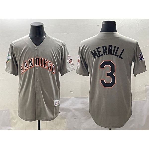 San Diego Padres #3 Jackson Merrill Gray Fashion Throwback With Patch Cool Base Stitched Jersey