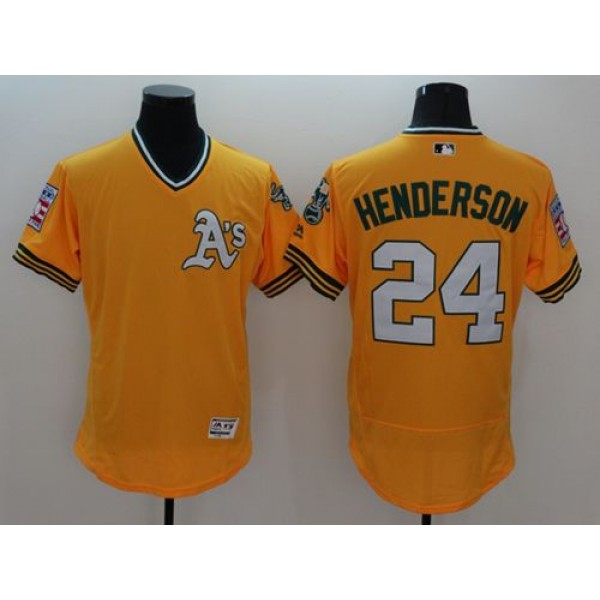 Athletics #24 Rickey Henderson Yellow Flexbase Authentic Collection Cooperstown Stitched Jersey