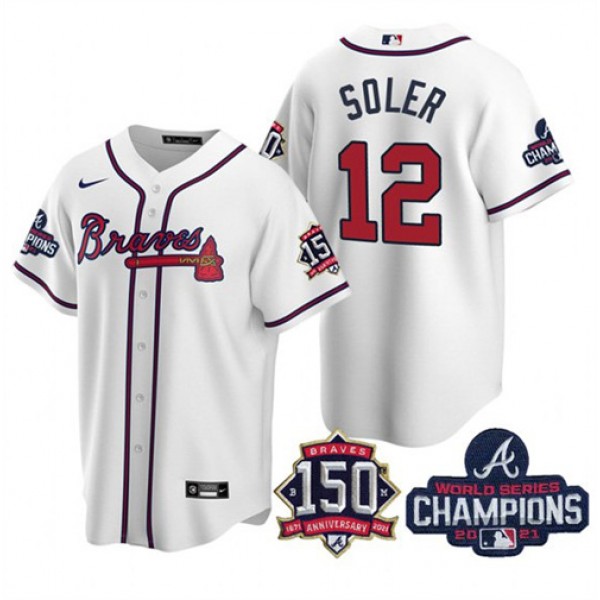 Atlanta Braves #12 Jorge Soler 2021 White World Series Champions With 150th Anniversary Patch Cool Base Stitched Jersey