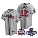 Atlanta Braves #12 Jorge Soler 2021 Gray World Series Champions With 150th Anniversary Patch Cool Base Stitched Jersey