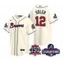 Atlanta Braves #12 Jorge Soler 2021 Cream World Series Champions With 150th Anniversary Patch Cool Base Stitched Jersey