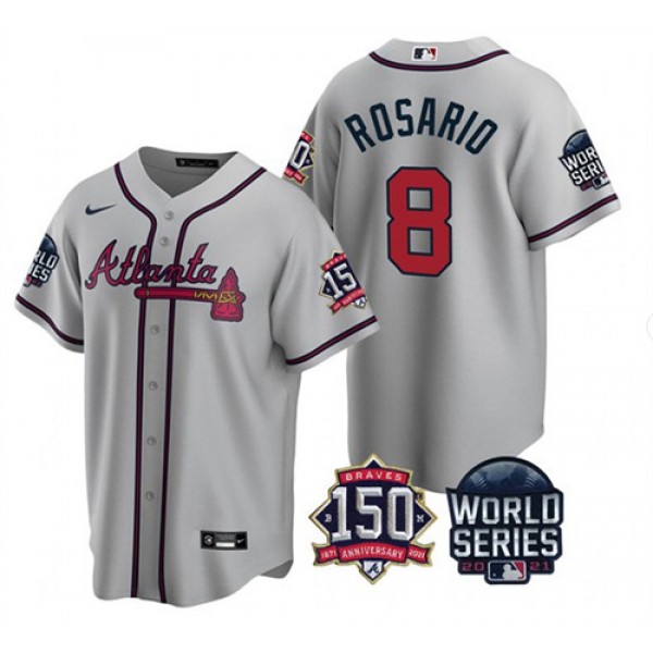 Atlanta Braves #8 Eddie Rosario 2021 Gray World Series With 150th Anniversary Patch Cool Base Stitched Jersey