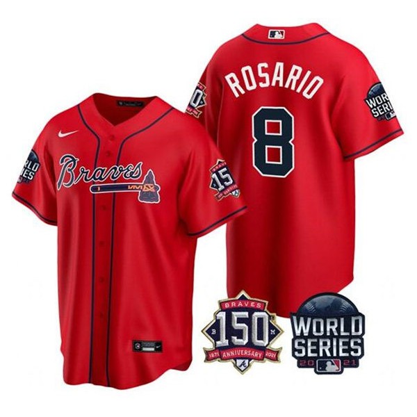 Atlanta Braves #8 Eddie Rosario 2021 Red World Series With 150th Anniversary Patch Cool Base Stitched Jersey